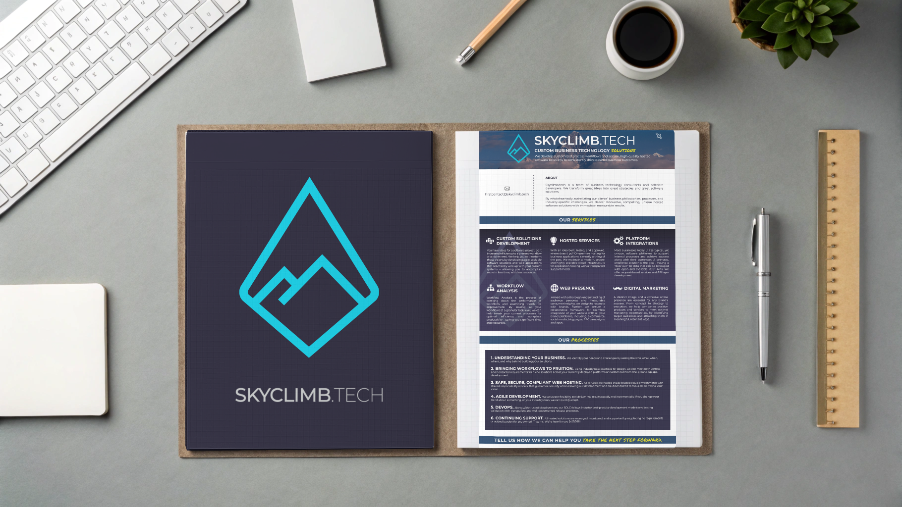 Mockups of Skyclimb.tech's logo and branded documents.